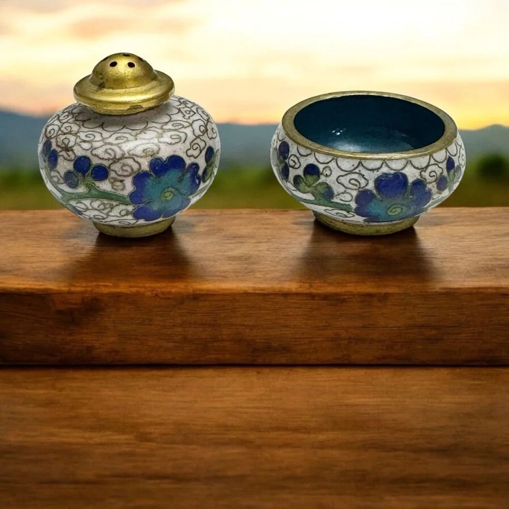 Blue Floral Cloisonné Salt and Pepper Shaker Cellar Vintage Stackable Brass